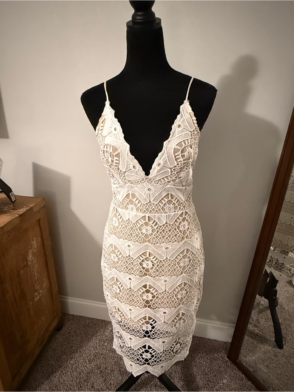 Lulu's White Crochet Lace Midi Dress with Spaghetti Straps